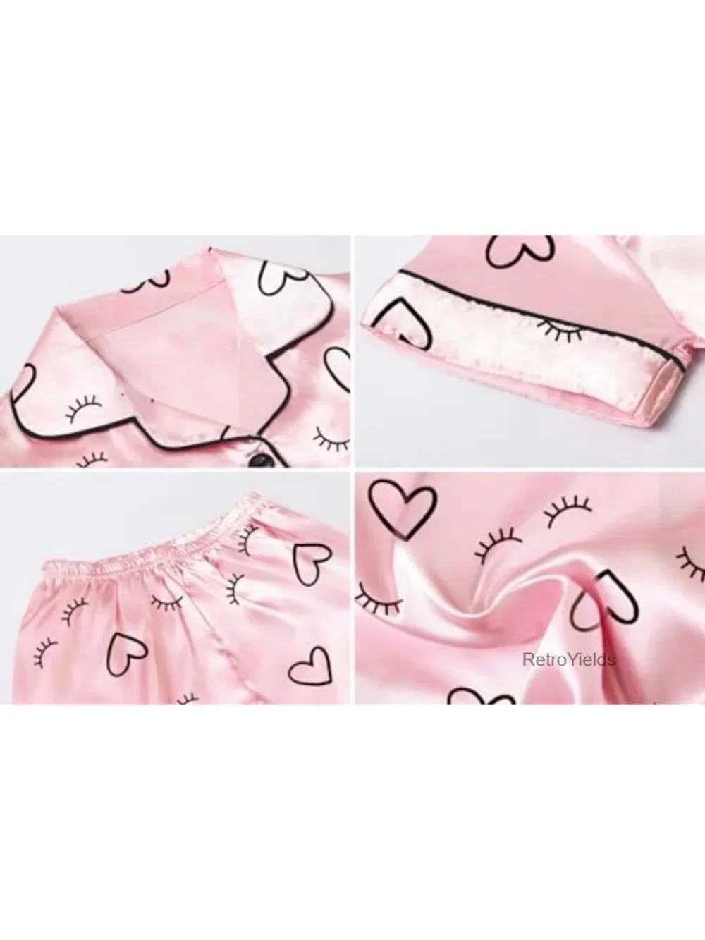 Silk Satin Girls 3 Piece Pajama Set Button Down Short Sleeve Sleepwear